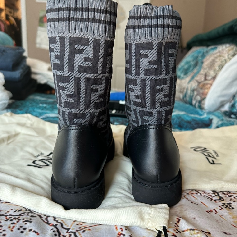 Brand new Fendi leather biker boots with stretch, black, size 38